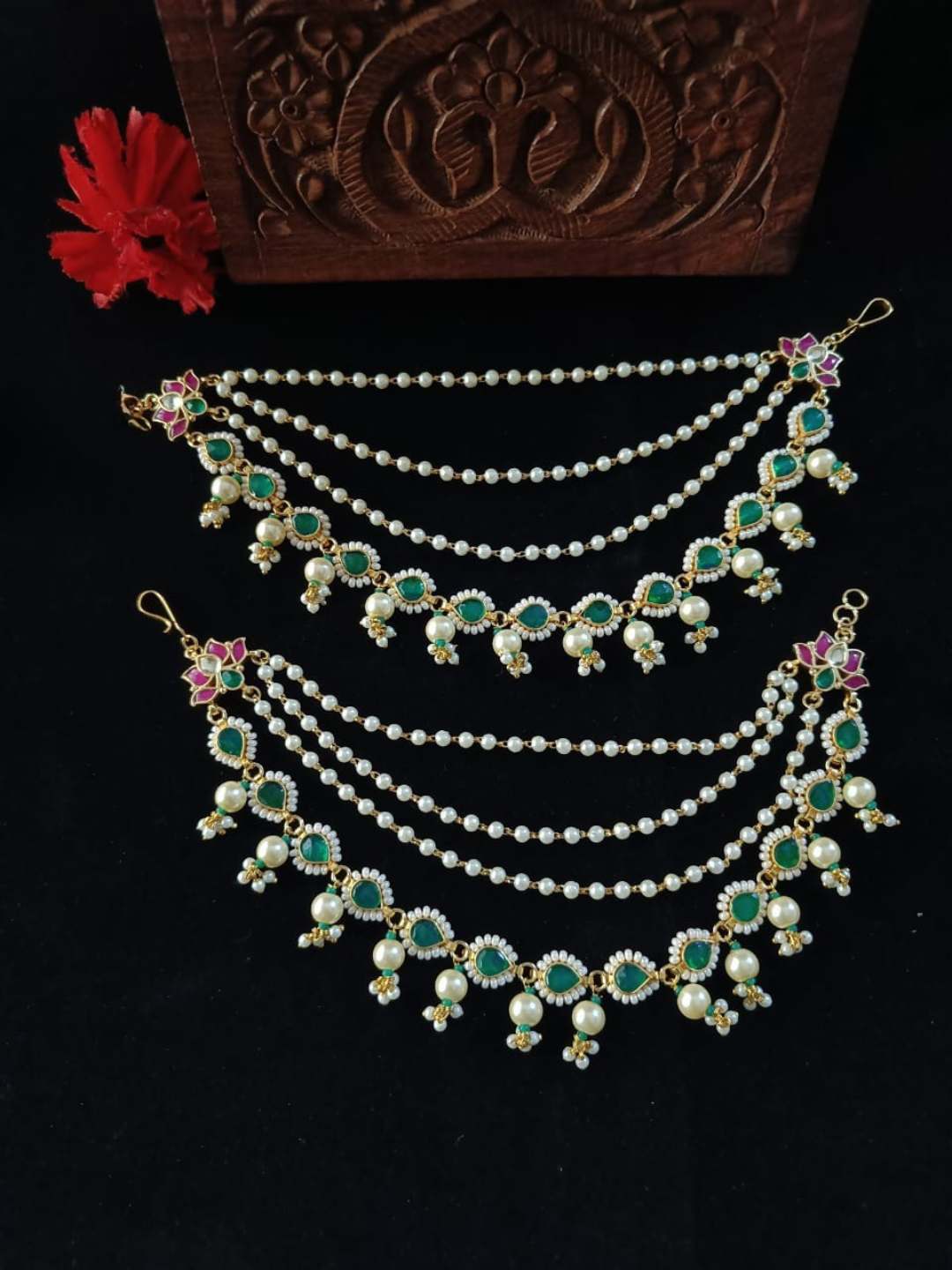 Ishhaara Traditional Pearl Ear Chain With Emerald Accents