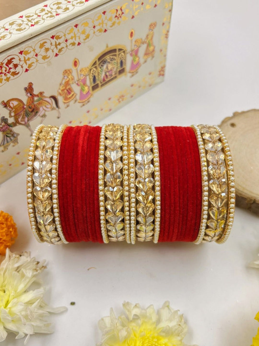 Ishhaara Traditional Red Kundan Bangle Set - a stack of red velvet and gold bangles adorned with Kundan stones - view 2