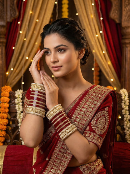 Ishhaara Traditional Red Kundan Bangle Set - a pair of intricately designed red bangles with gold and pearl embellishments - view 4