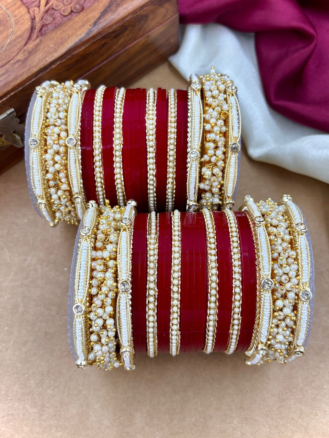 Ishhaara Traditional Red Kundan Bangle Set - a pair of intricately designed red bangles with gold and pearl embellishments - view 5