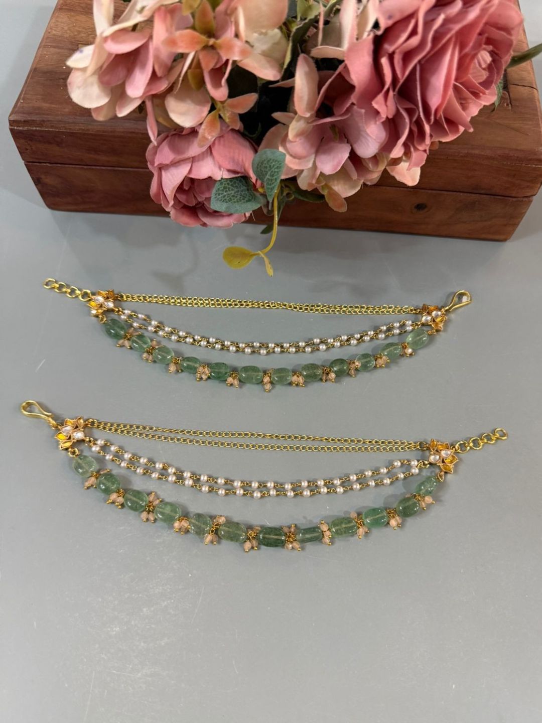 Ishhaara Traditional Rice Pearl Kundan Studded Ear Chains