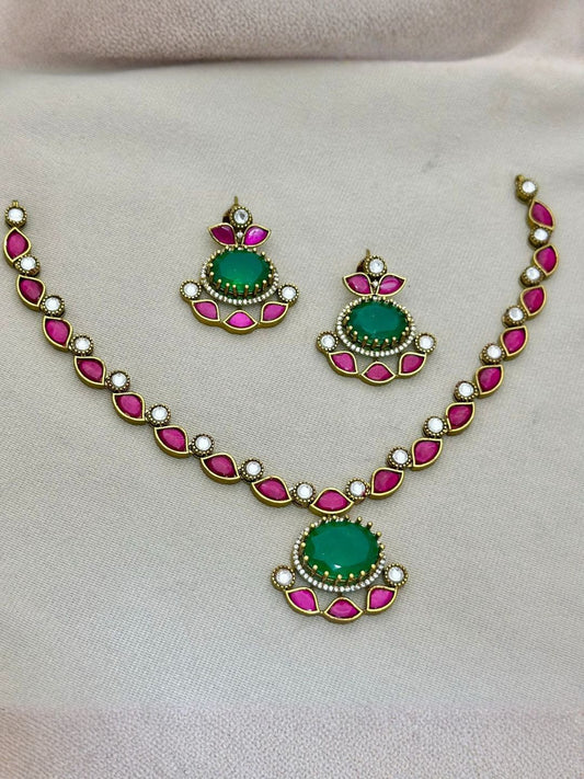 Ishhaara Traditional Ruby Stone Attigai Necklace Set