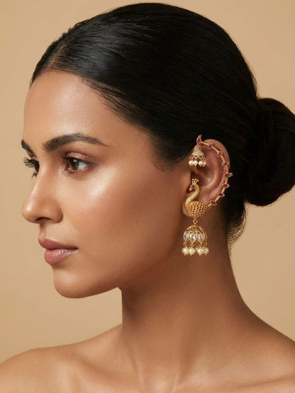Ishhaara Trendy Ruby Peacock Ad Earcuff Jhumkas