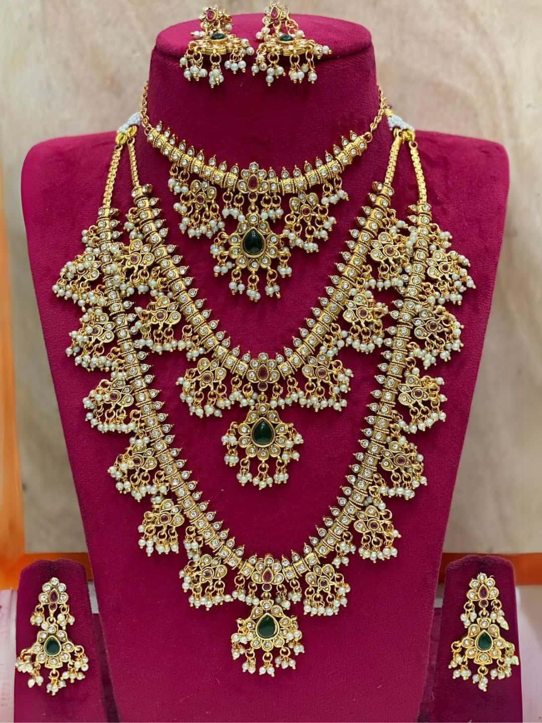 Ishhaara Triple Layer Guttapusalu Haram Necklace With Earrings