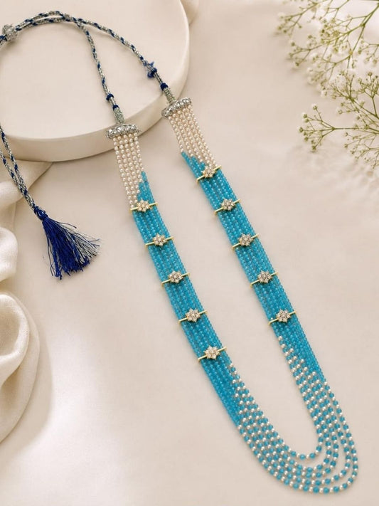 Turquoise Beaded Multi-Strand Long Necklace with Pearl Accents