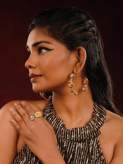 Ishhaara Two Tonned Flower Diamond Hoop Earring And Ring