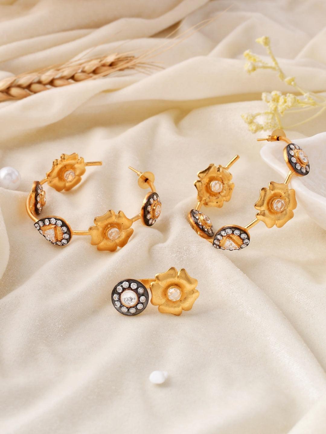 Ishhaara Two Tonned Flower Diamond Hoop Earring And Ring