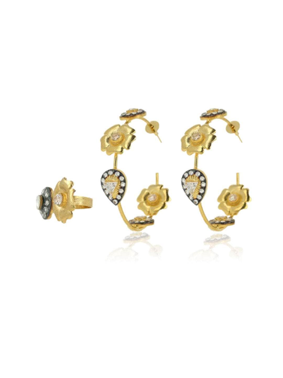 Ishhaara Two Tonned Flower Diamond Hoop Earring And Ring