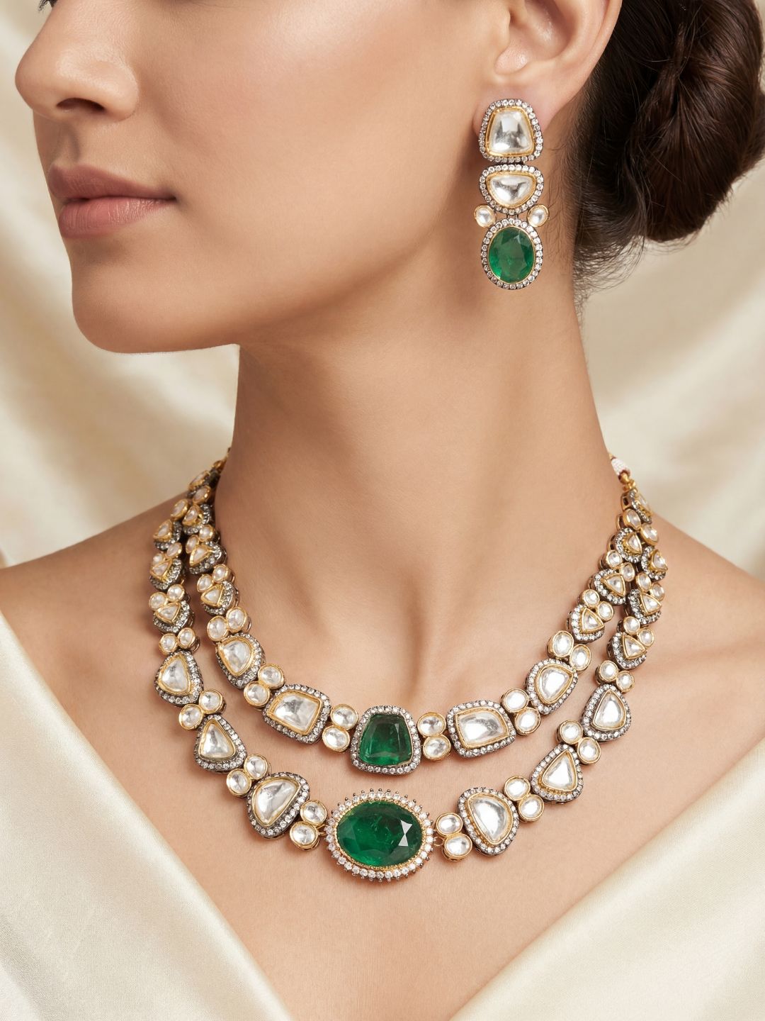 Ishhaara Uncut Faux Moissanite Polki Kundan Emerald Green Doublet Diamond Necklace