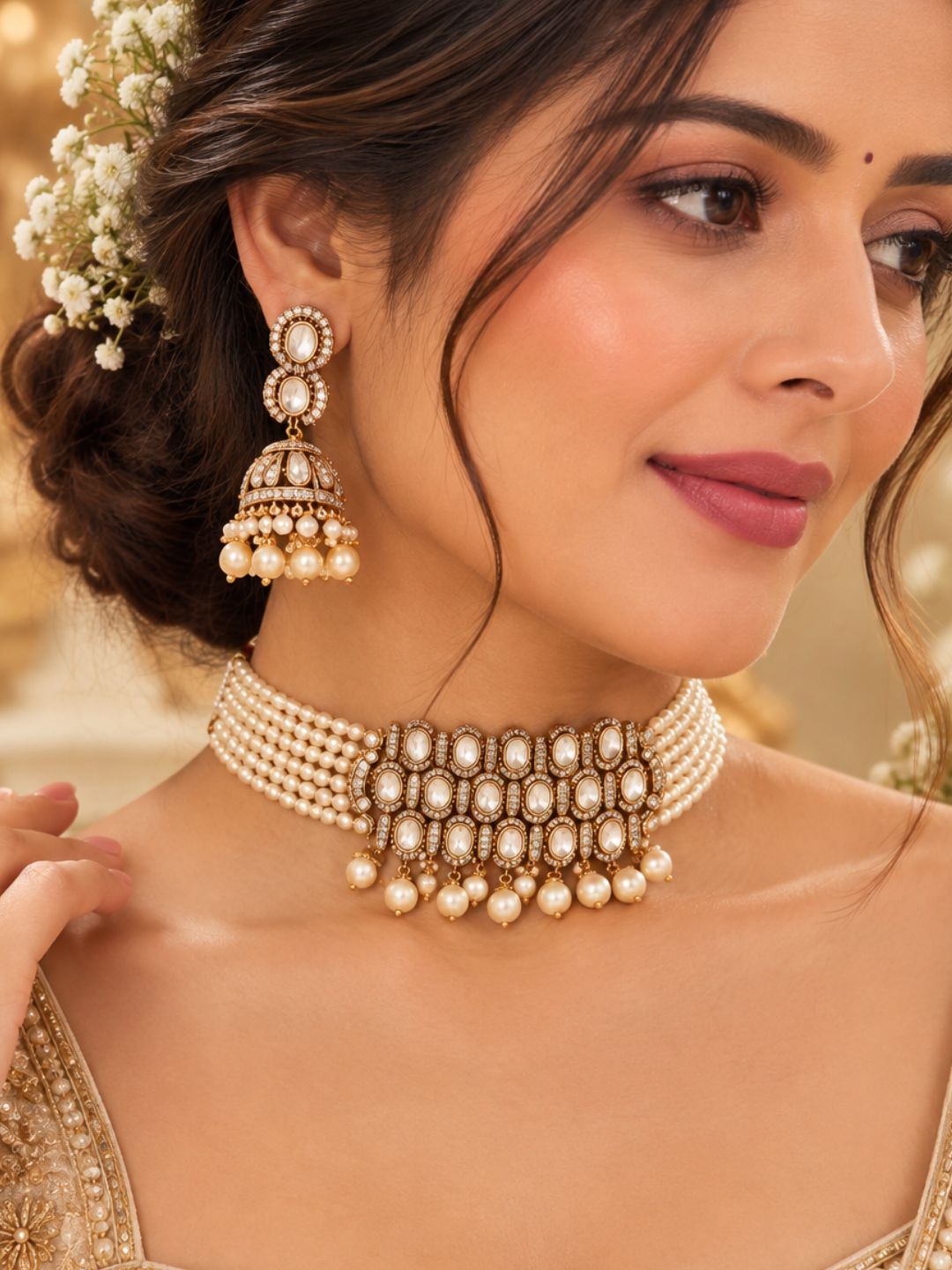 Ishhaara Uncut Polki Pearl Bridal Collar Set