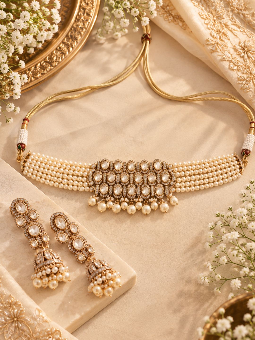 Ishhaara Uncut Polki Pearl Bridal Collar Set