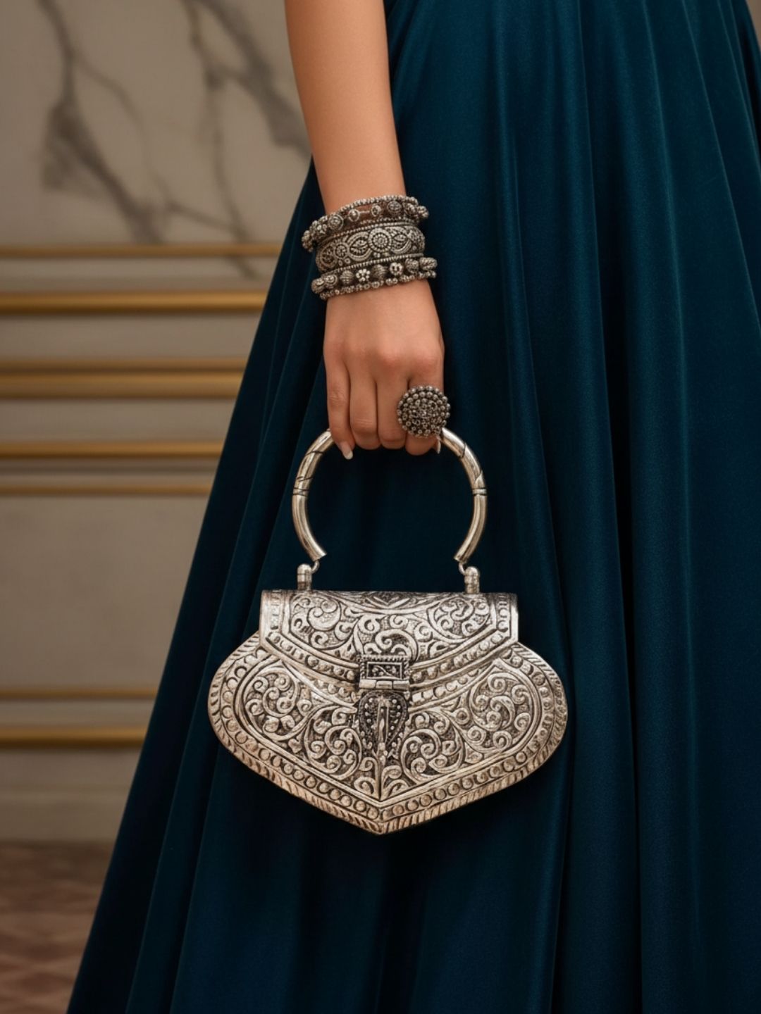 Ishhaara V Shaped Royal Handcrafted Stone Embedded Brass Clutch