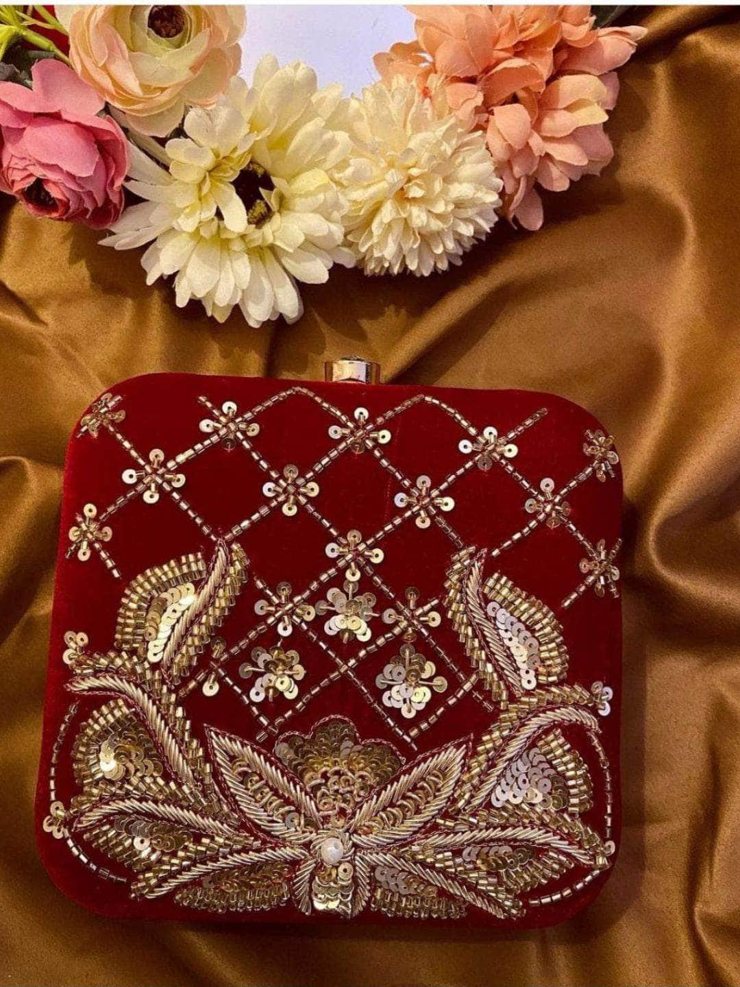 Ishhaara Velvet Embroidered Clutch Bag For Women