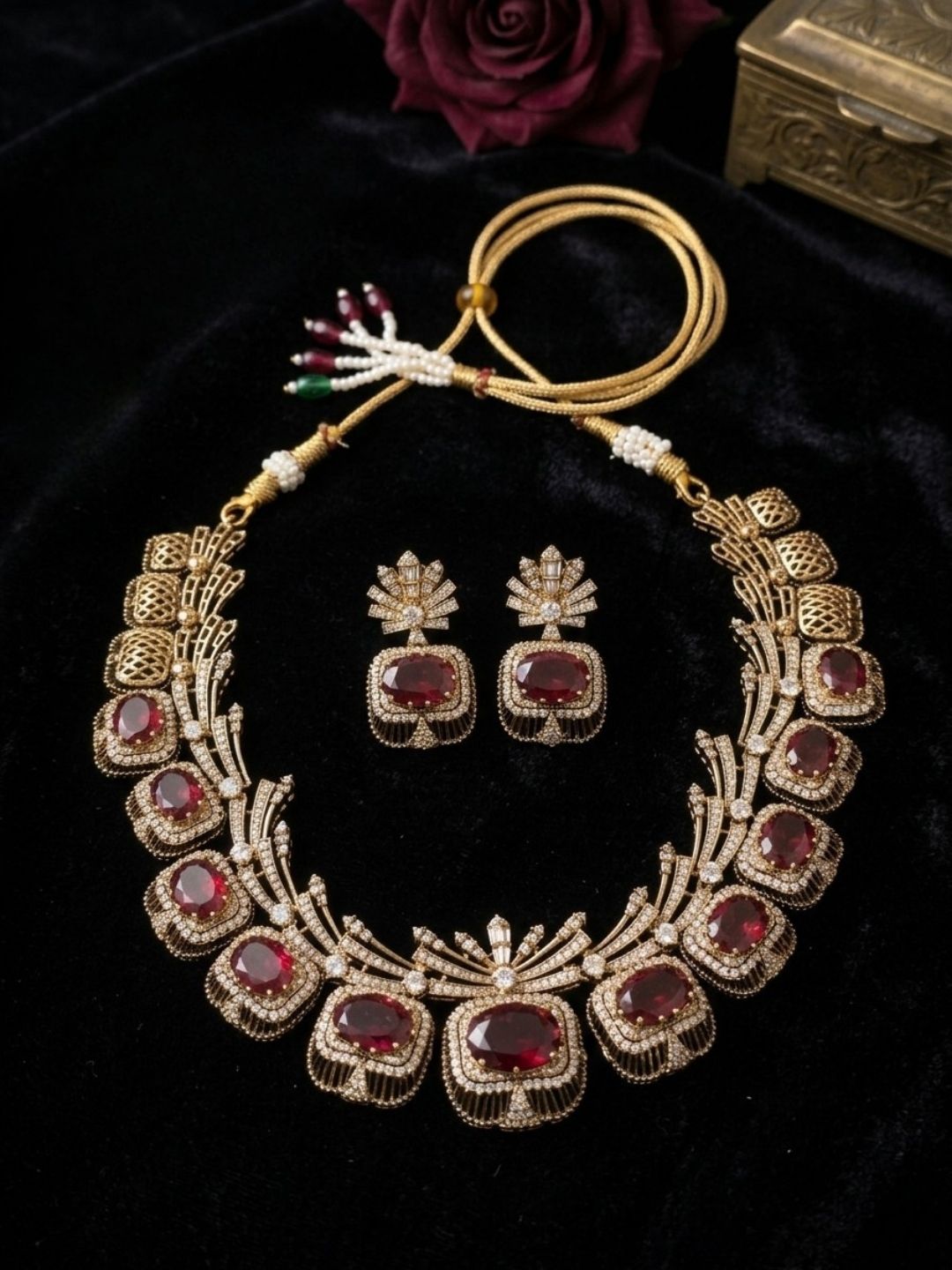 Ishhaara Victorian Finish Red Stones Necklace