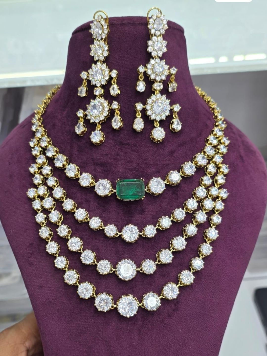 Ishhaara Victorian Green Stone Layered Ad Statement Necklace