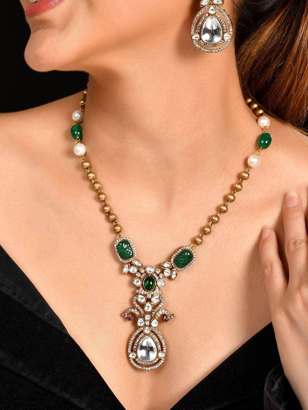Ishhaara Victorian Long Polki Necklace Set - Green