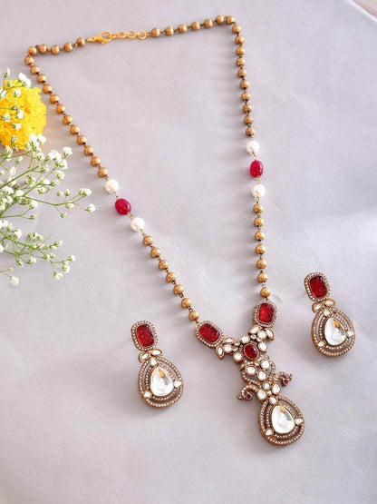 Ishhaara Victorian Long Polki Necklace Set Red