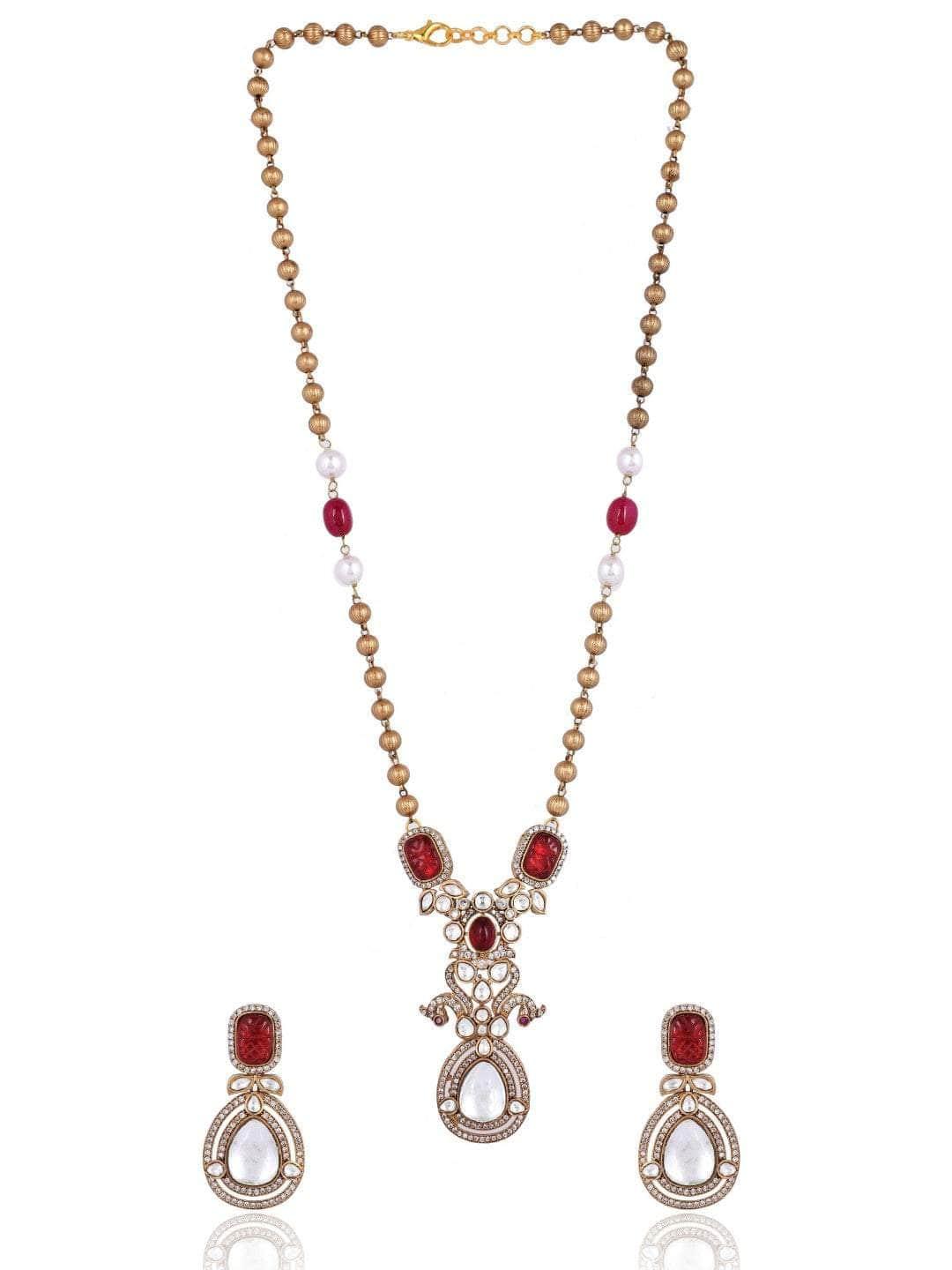 Ishhaara Victorian Long Polki Necklace Set Red