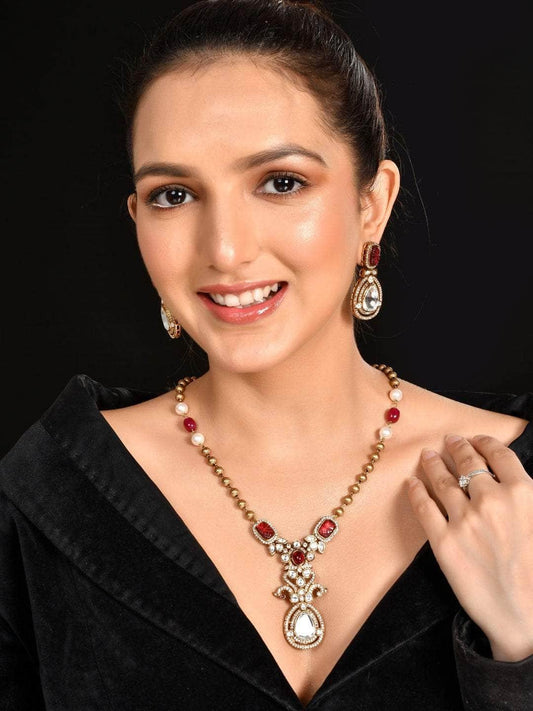 Ishhaara Victorian Long Polki Necklace Set Red