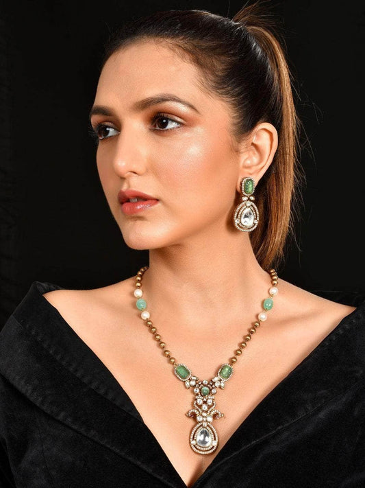 Ishhaara Victorian Long Polki Necklace Set Turquoise