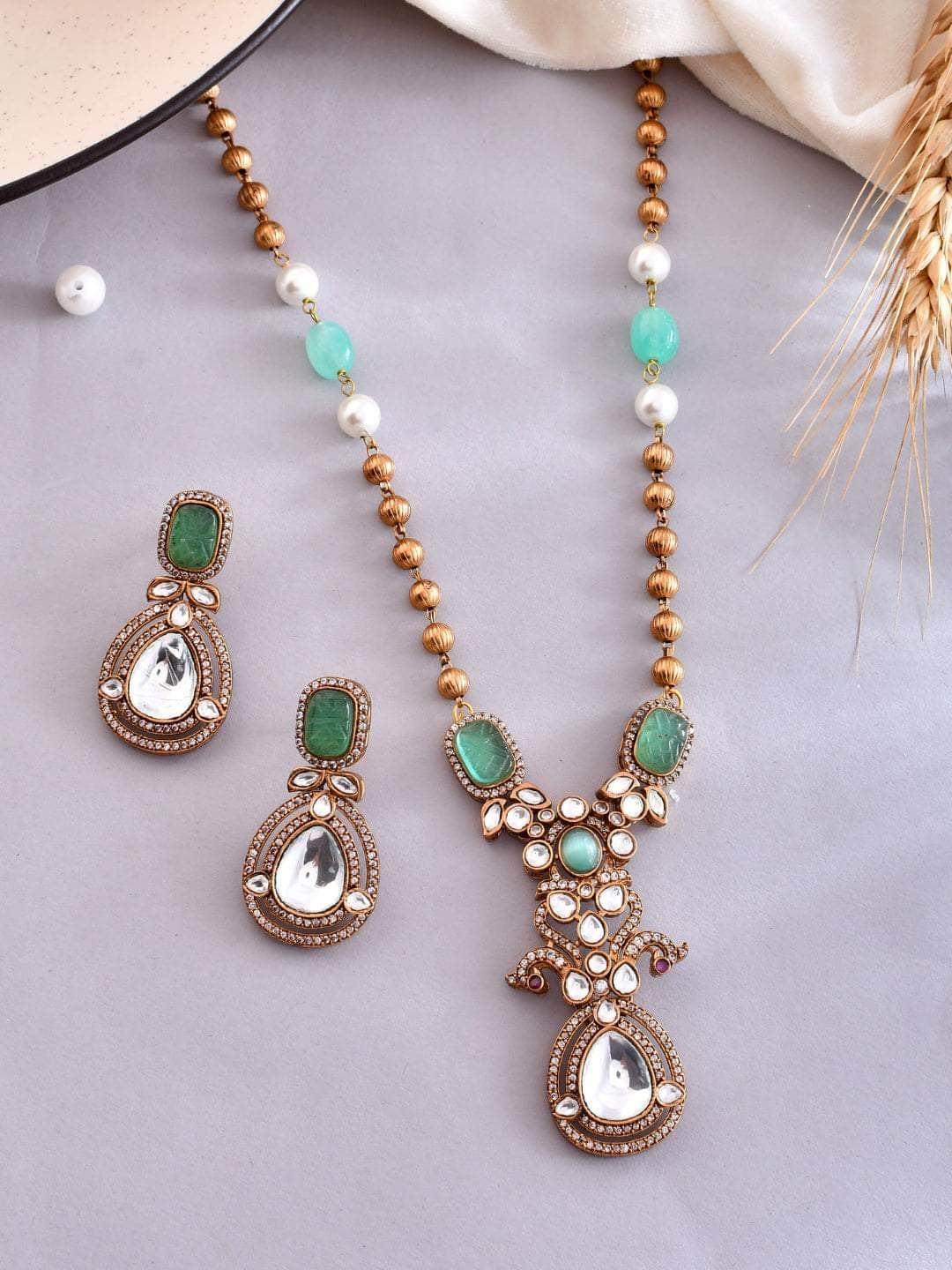 Ishhaara Victorian Long Polki Necklace Set Turquoise