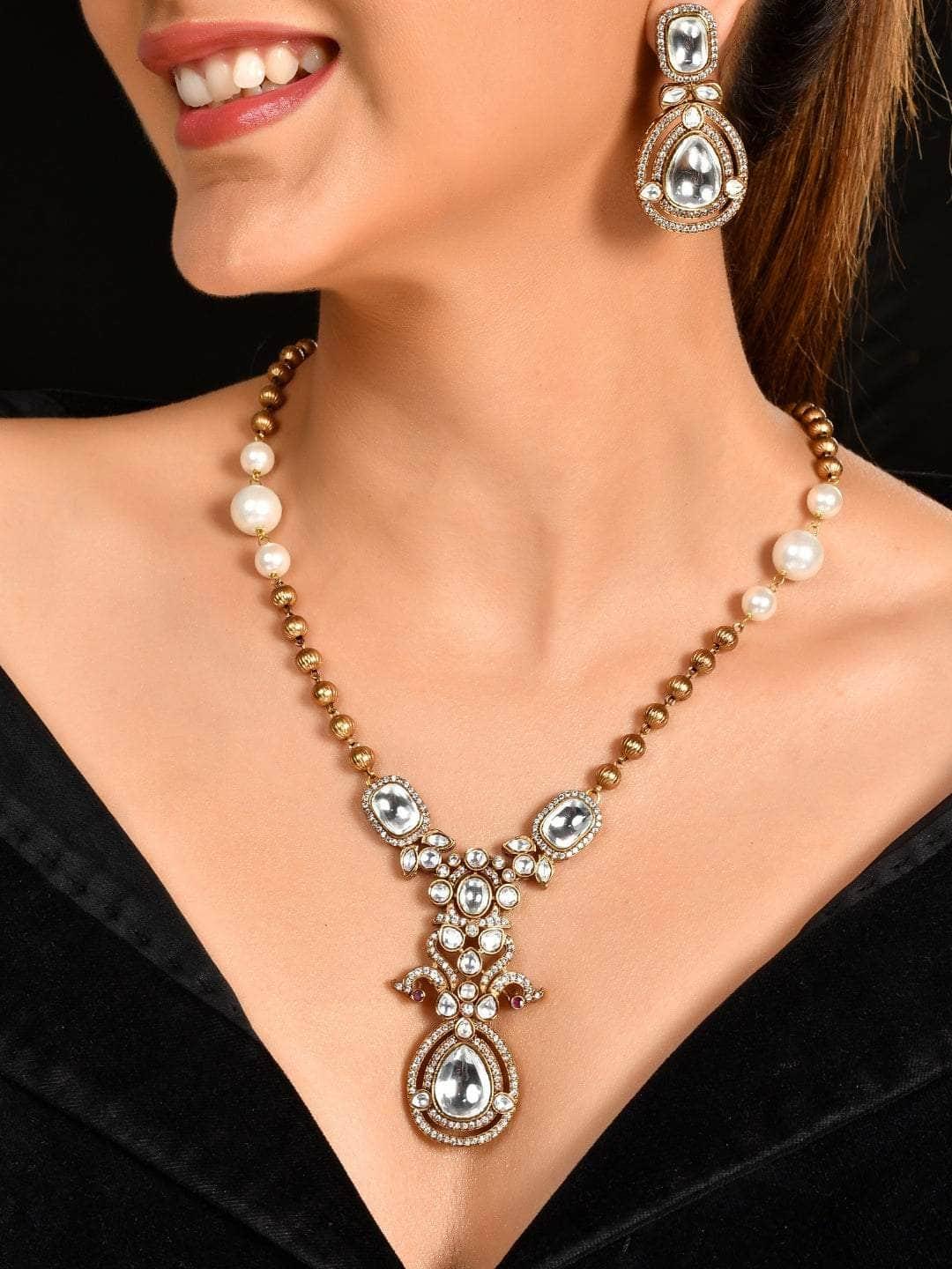 Ishhaara Victorian Long Polki Necklace Set White