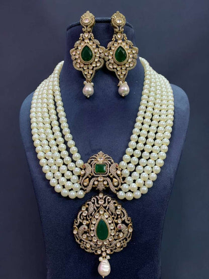 Ishhaara Victorian Peacock Pendant Pearl Long Necklace