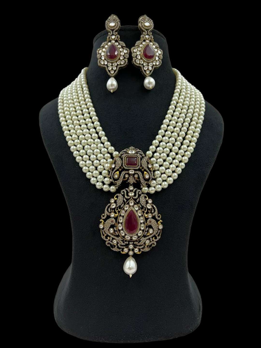 Ishhaara Victorian Peacock Pendant Pearl Long Necklace