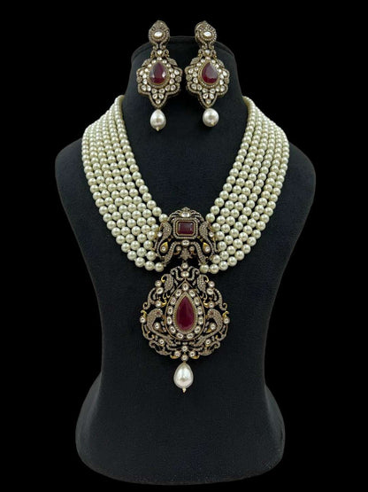 Ishhaara Victorian Peacock Pendant Pearl Long Necklace