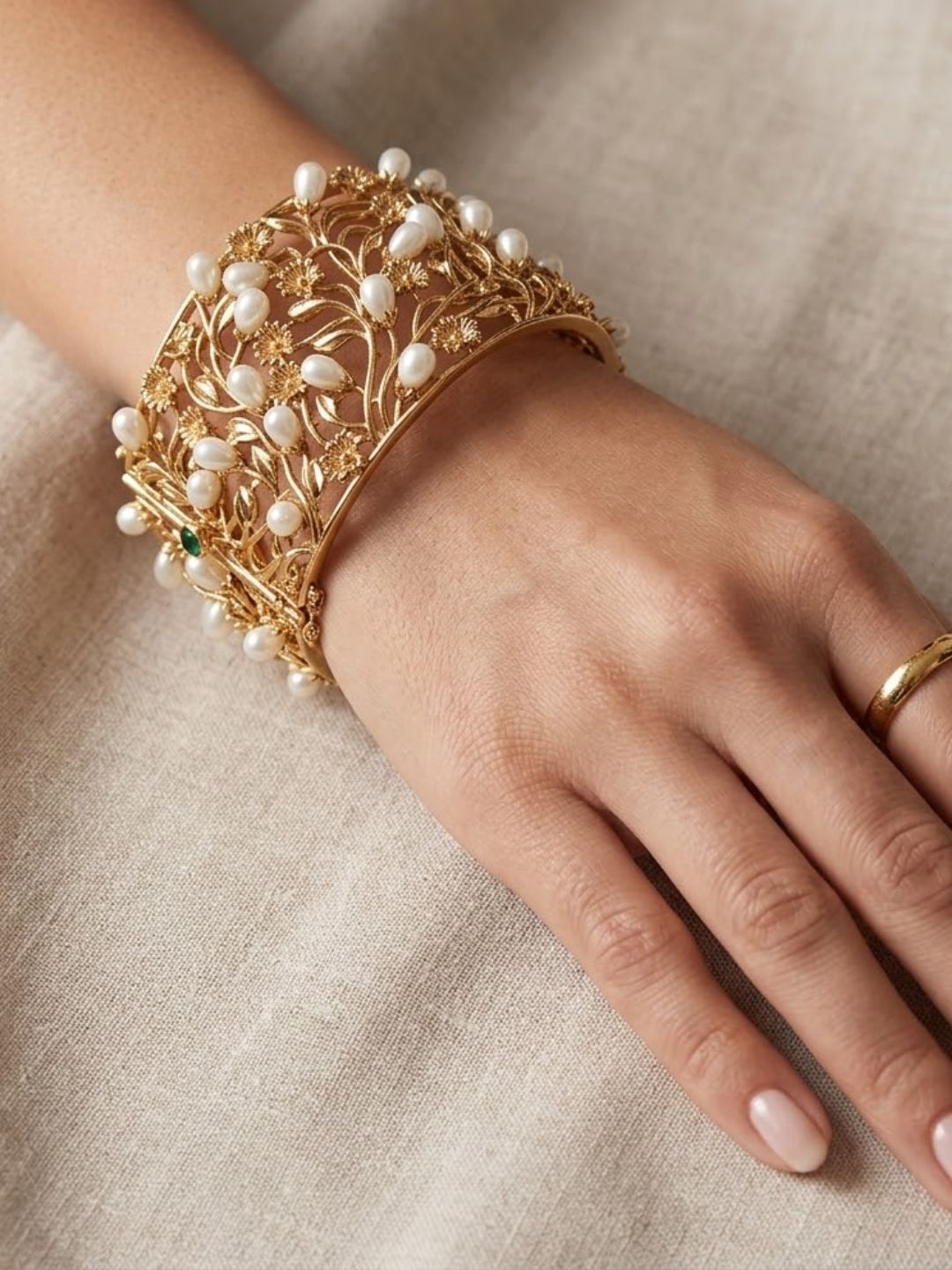Ishhaara Vintage Antique Pearl Cuff Filigree Bracelet