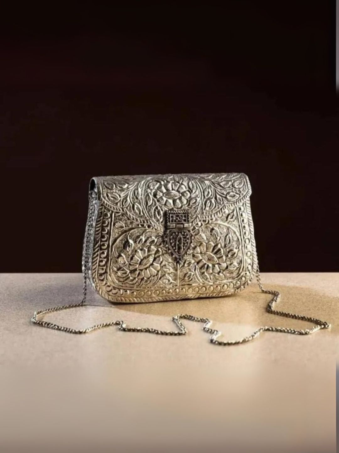 Ishhaara Vintage Inspired Antique Brass Clutch Bag With Intricate Filigree