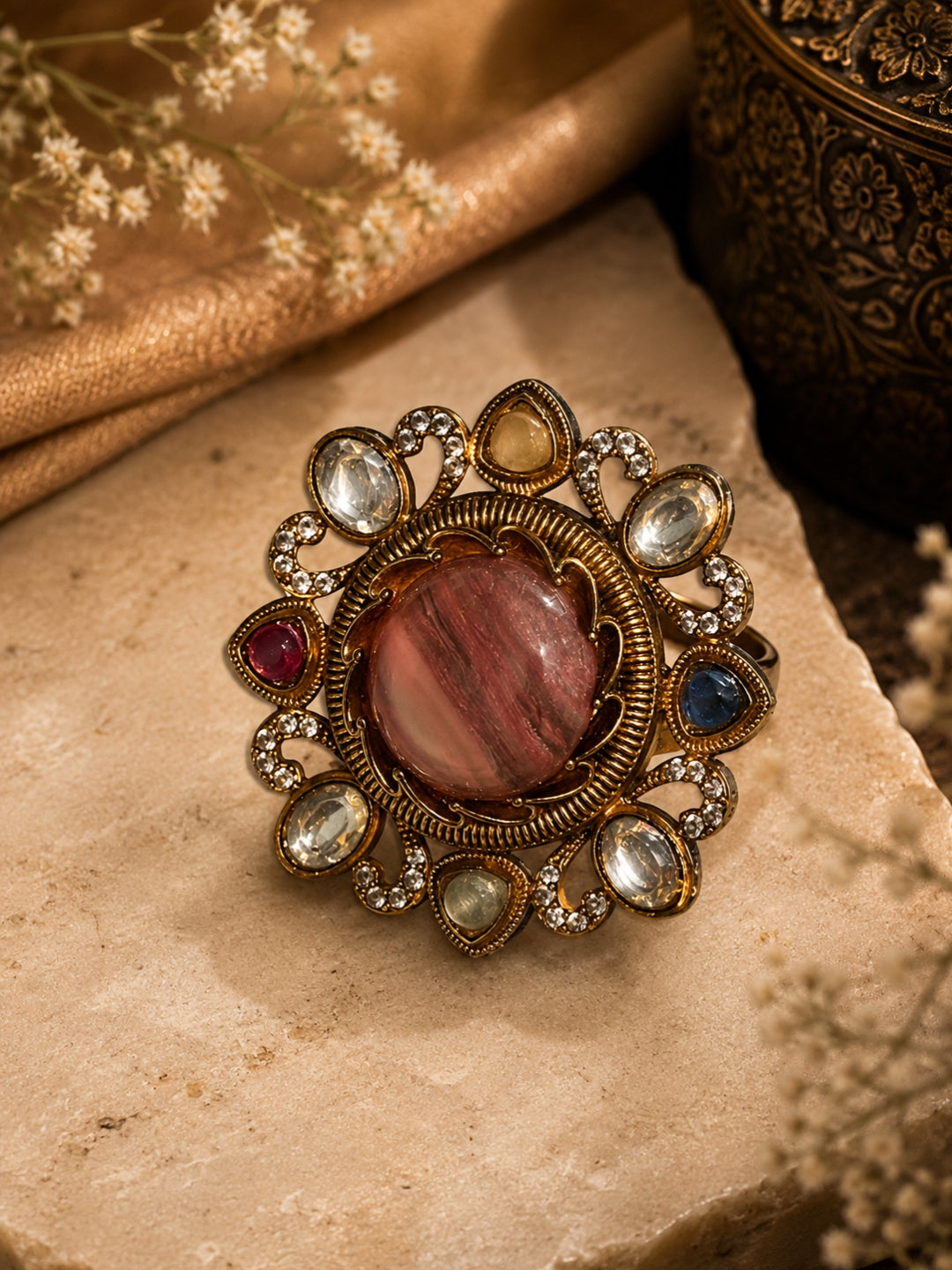 Ishhaara Vintage Ornate Ring With Gemstone Accents