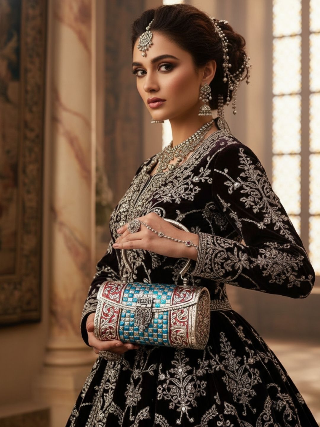 Ishhaara Vintage Style Meenakari Silver Clutch