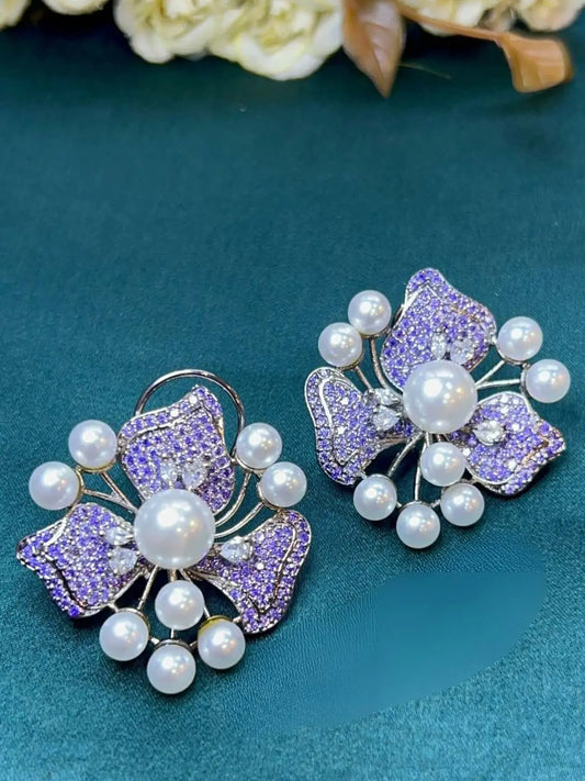Ishhaara Violet Elegant Flower Pearl Studs