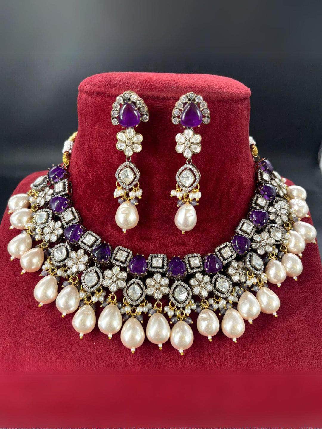 Ishhaara Violet Gold Finish Multi-Colored Kundan Necklace Set