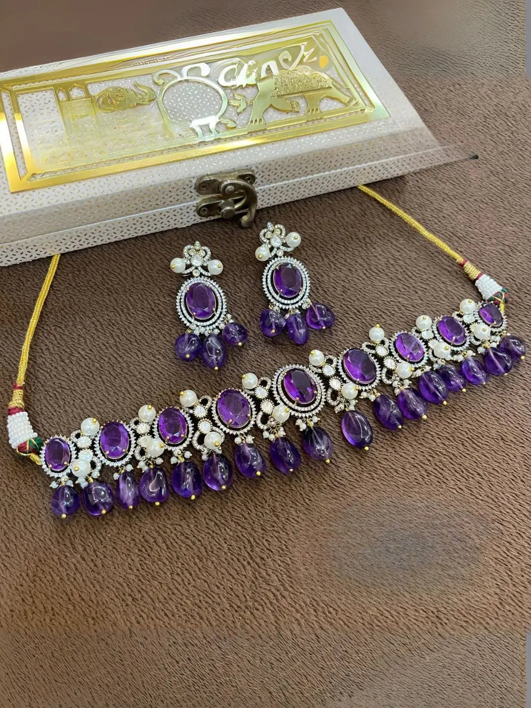 Ishhaara Violet Gold Plated Doublet Stone Studded Choker Necklace