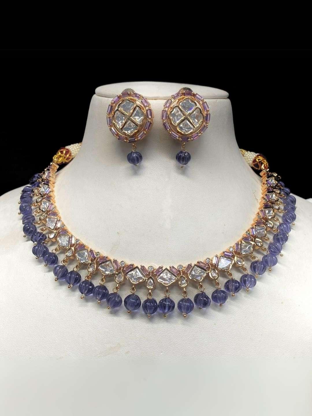 Ishhaara Violet Gold Plated Kundan Polki & Beaded Meenakari Choker Necklace Set