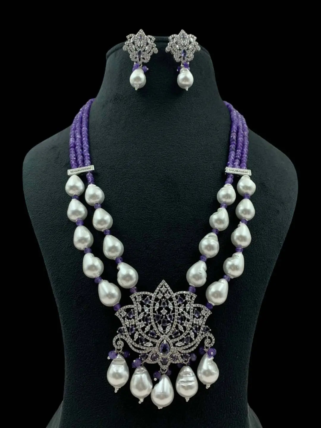 Ishhaara Violet Lotus Shaped Pendant Studded Long Necklace