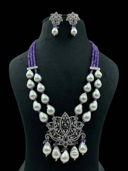 Ishhaara Violet Lotus Shaped Pendant Studded Long Necklace