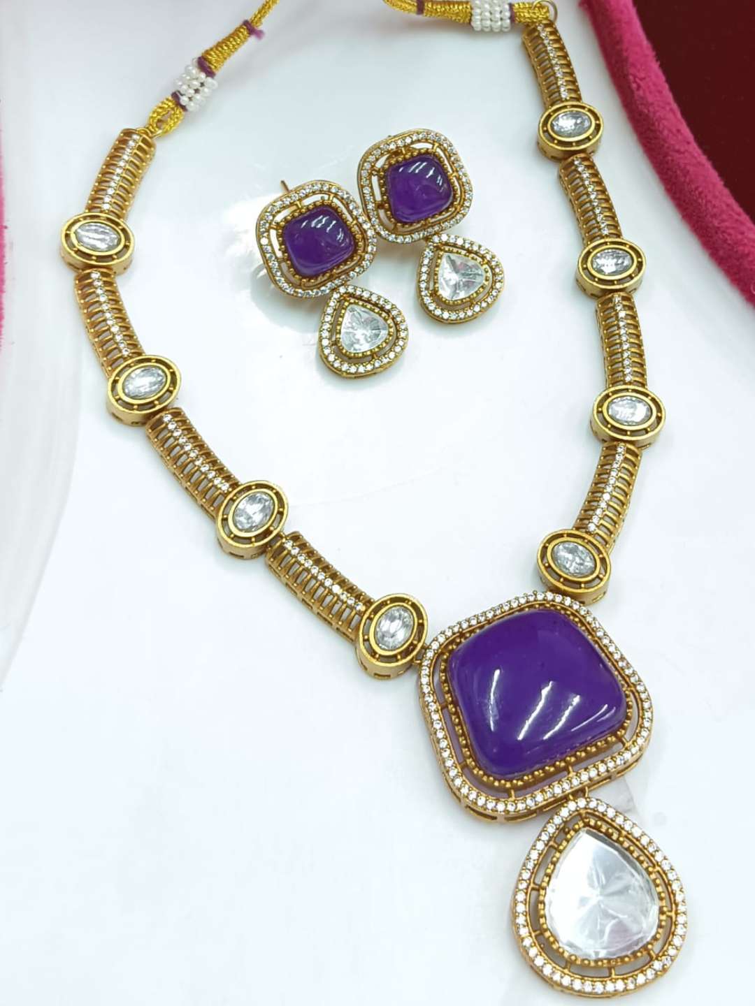 Ishhaara Violet Two Tone Finish Zircon Beaded Necklace Set