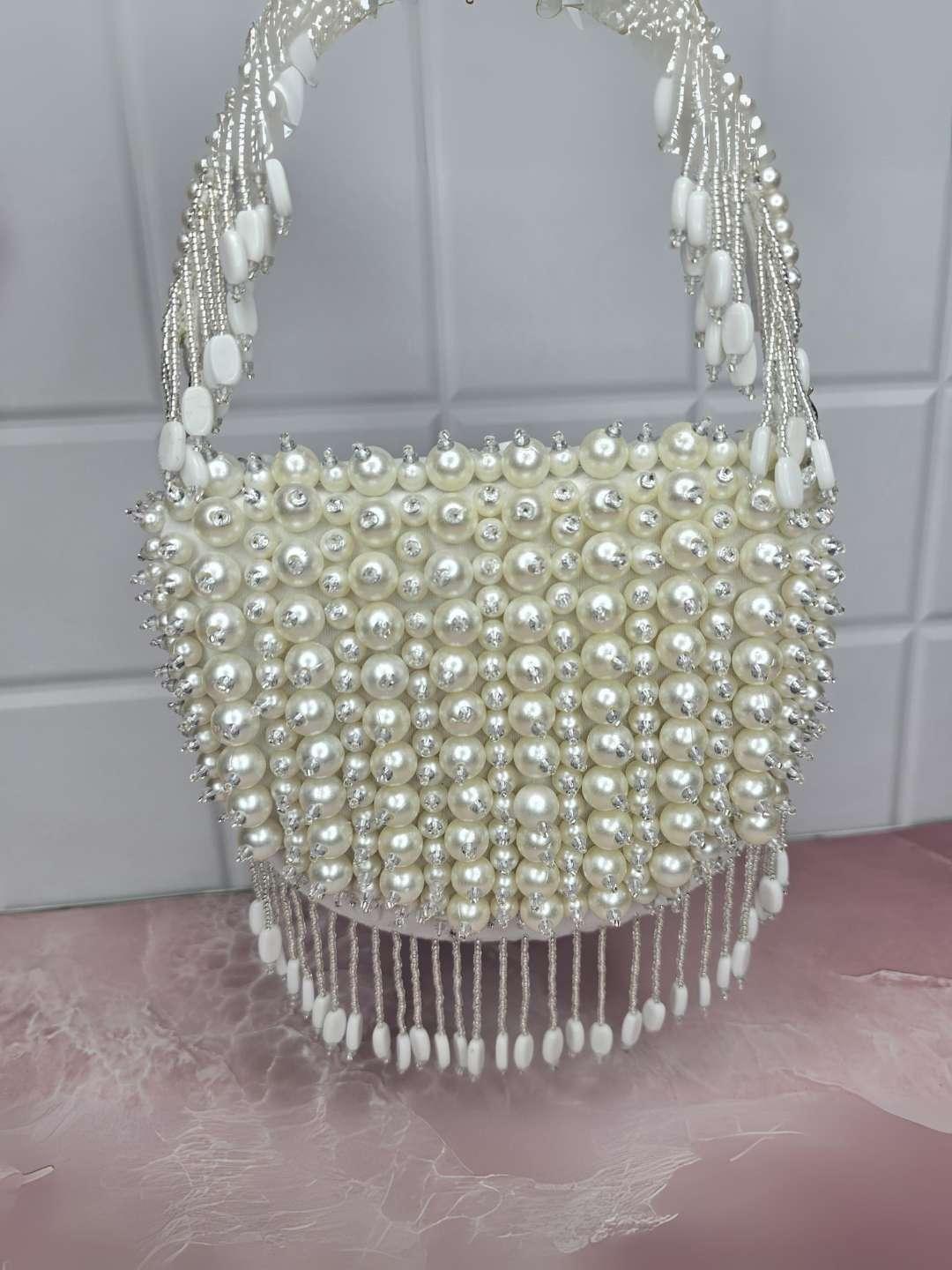 Ishhaara White  Pearl Bag With Hangings