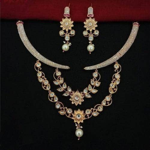 Ishhaara White Ad Stone Kundan Leaf Necklace Set