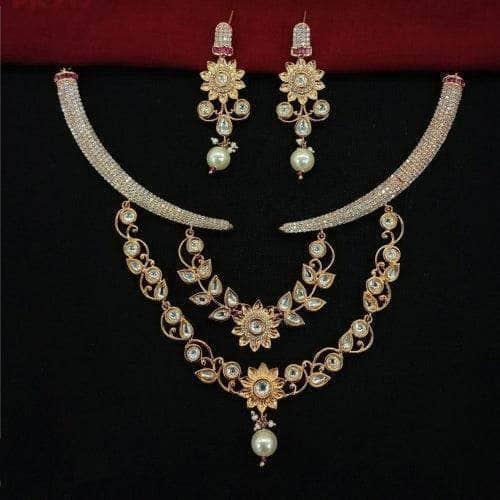 Ishhaara Ad Stone Kundan Leaf Necklace Set
