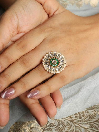 Ishhaara White And Green Kundan Ring