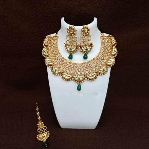 Ishhaara Antique Gold Semi Circular Kundan Necklace Earring And Teeka Set