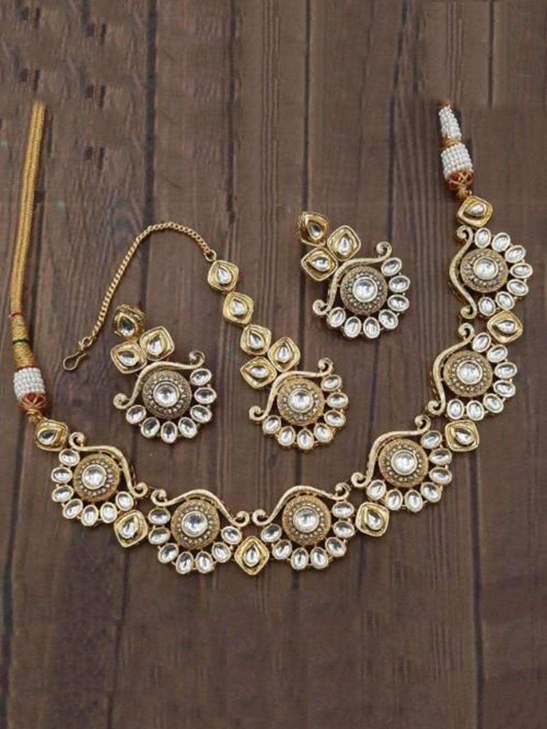 Ishhaara White Antique Kundan Design Necklace Earring And Teeka Set