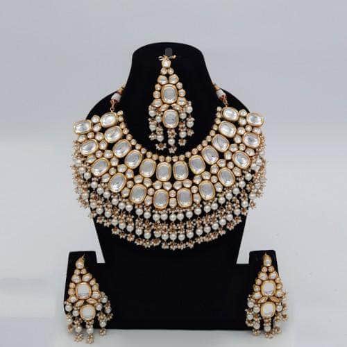 Ishhaara White Big Kundan Semi Circular Necklace Earring And Teeka Set