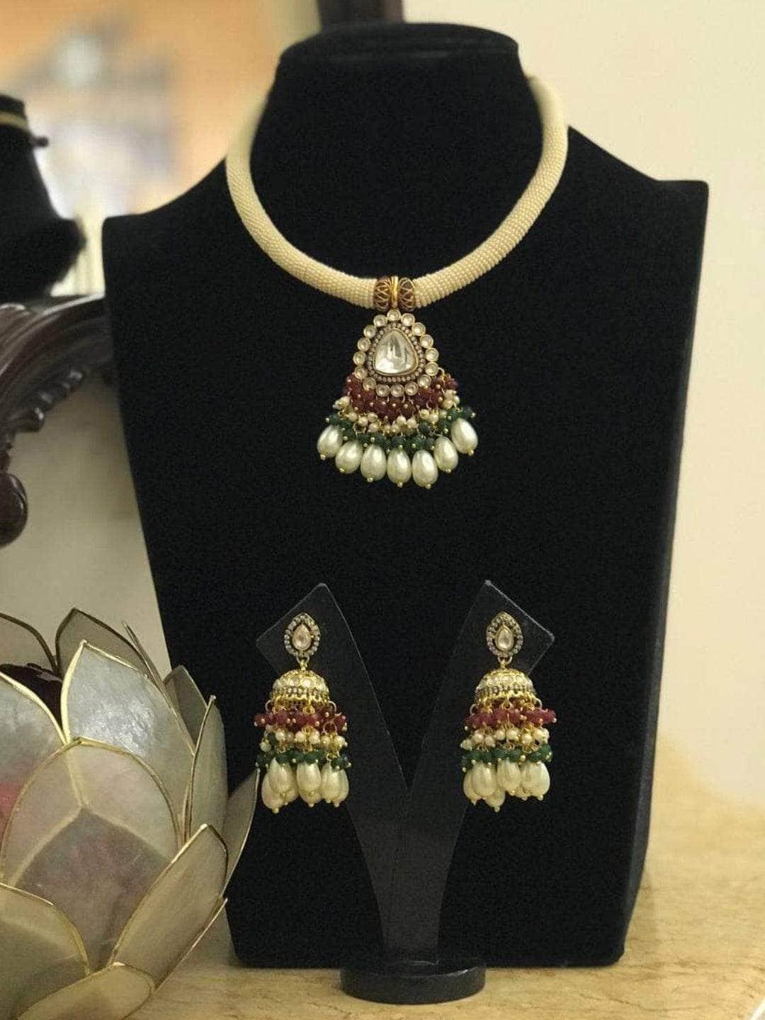 Ishhaara Centre Polki Pendant Moti Trunk Necklace Set