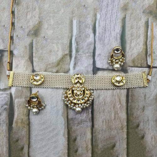 Ishhaara White Chandbali Jadtar Necklace And Earring Set
