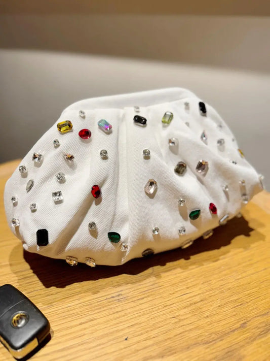 Ishhaara White Crystal Rhinestone Multicolor Stone Emblished Denim Bag